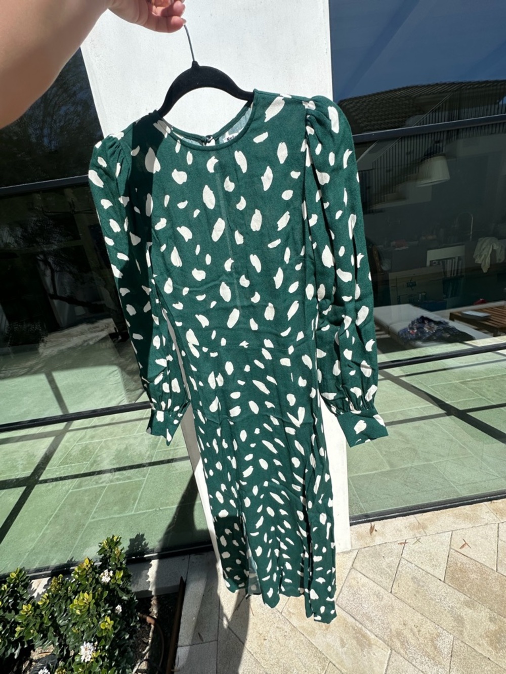 Reformation Forest Green & White Long Sleeve Midi Dress